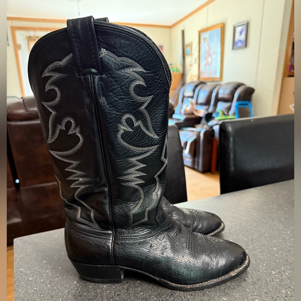 Larry Mahan Black Smooth Ostrich Leather Western Cowboy Boots size 10.5B Men's.